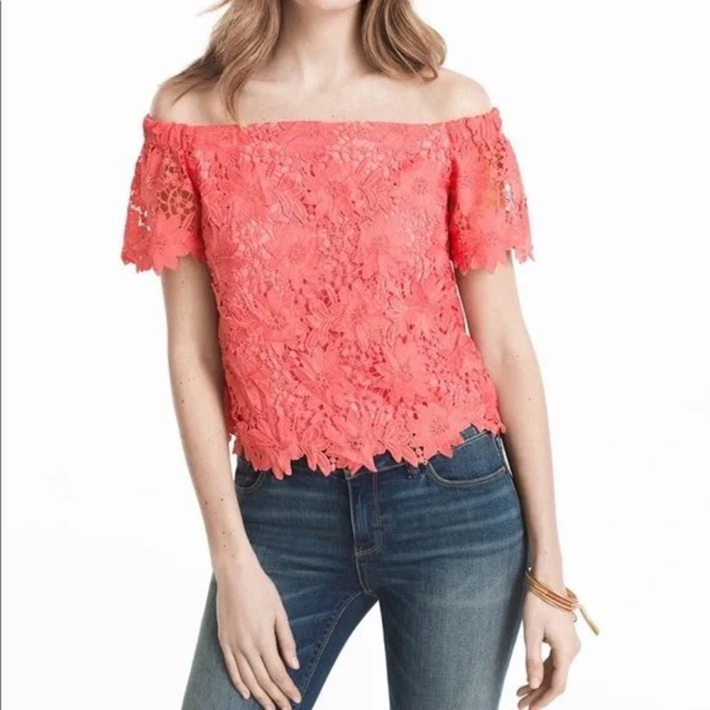White House‎ Black Market Coral Floral Lace Off Shoulder Top 14P Romantic